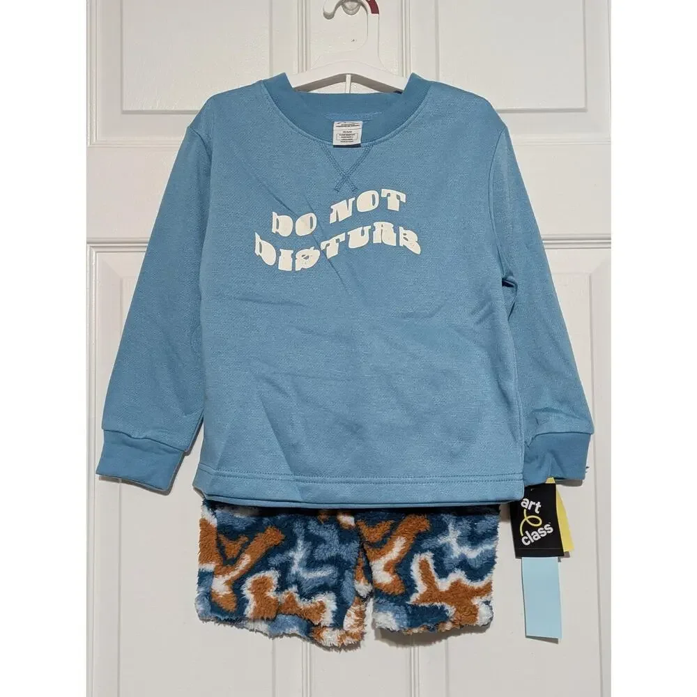 Art Class Pajama Set Youth XS 4/5 Blue‎ Long Sleeve Do Not Disturb Fuzzy Shorts